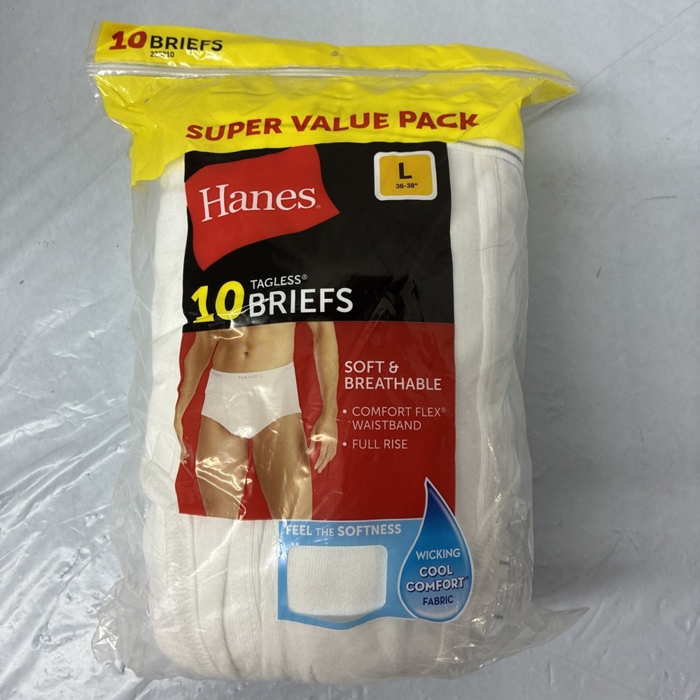 Hanes Men's Tagless Cotton Briefs 10 Pack Size L 36-38" White Moisture Wicking